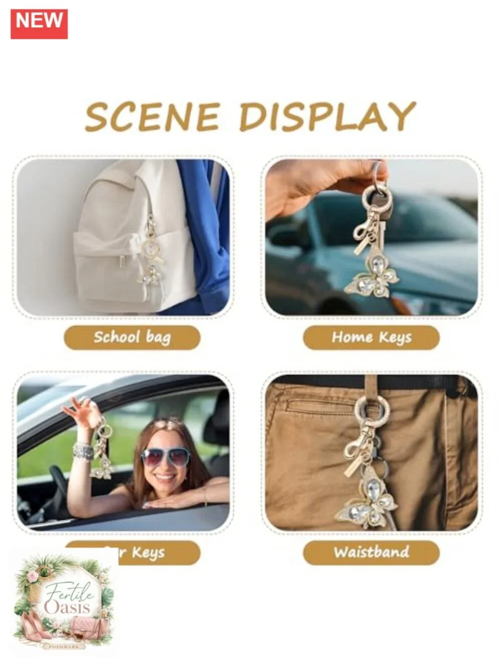 Rhinestone Butterfly Bag Charm Keychain Gold-Tone